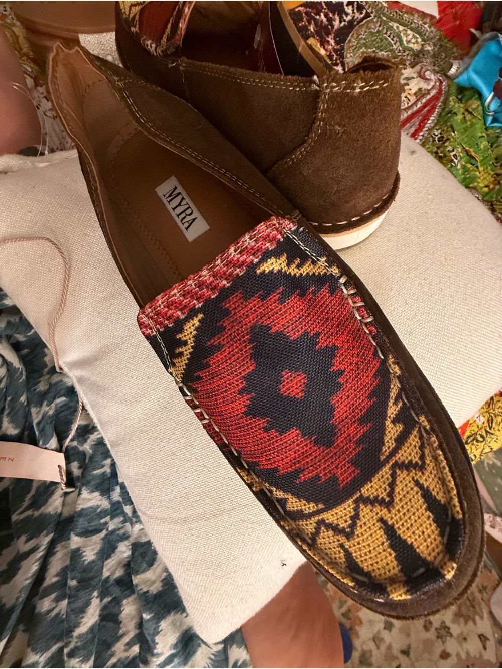 Myra Bag Brown Moccasin Loafers with Red & Yellow Aztec Fabric - Picture 8 of 9